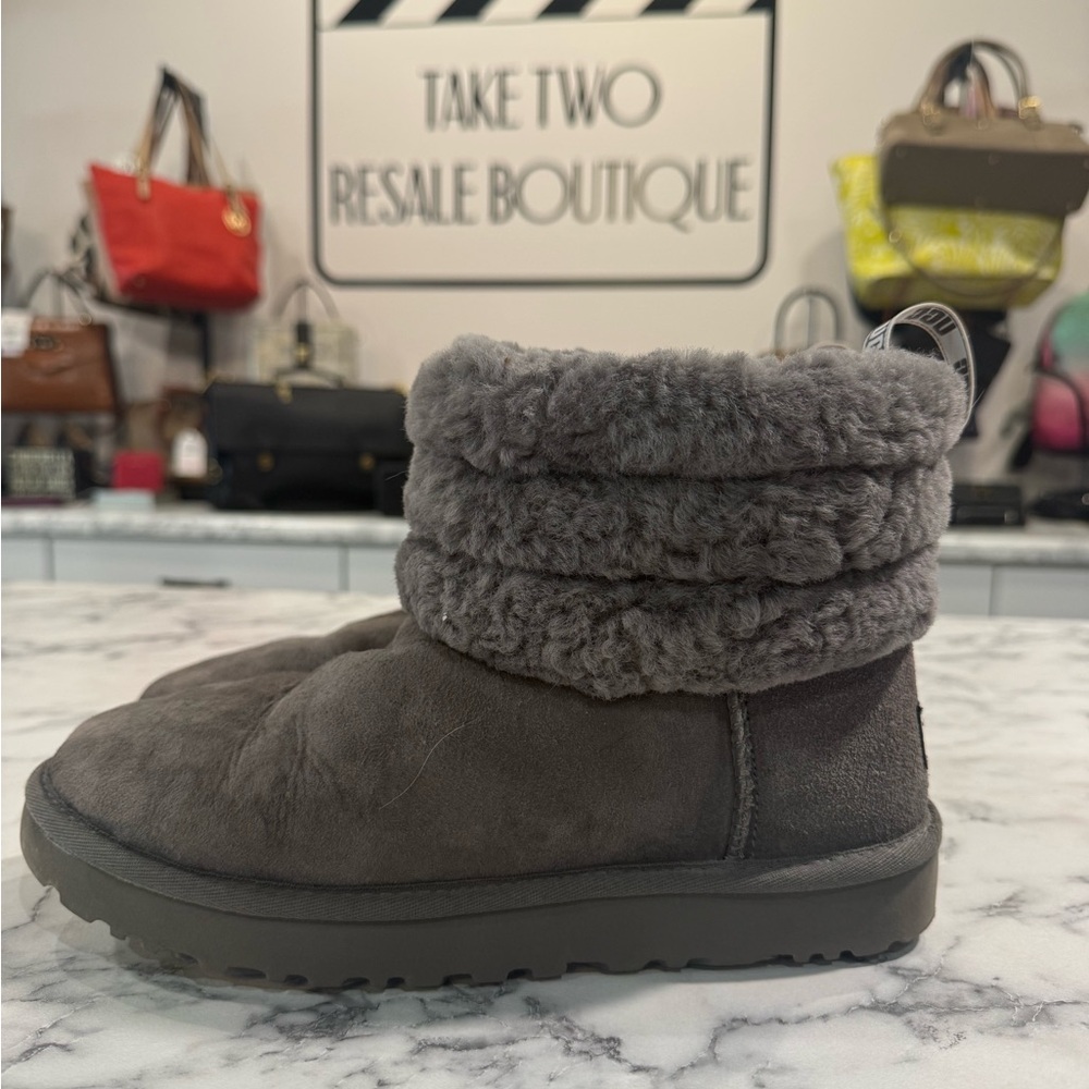 UGG Mini Fluff Quilted Cuff Charcoal Gray Suede Sheepskin Boots Size 8 Women - Picture 3 of 5